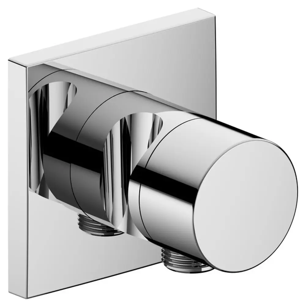 Verchromte, quadratische Wandarmatur von Keuco mit einem runden Regler, für den Anschluss von Schlauch und Brause, zur Umstellung zwischen Wasserquellen.
